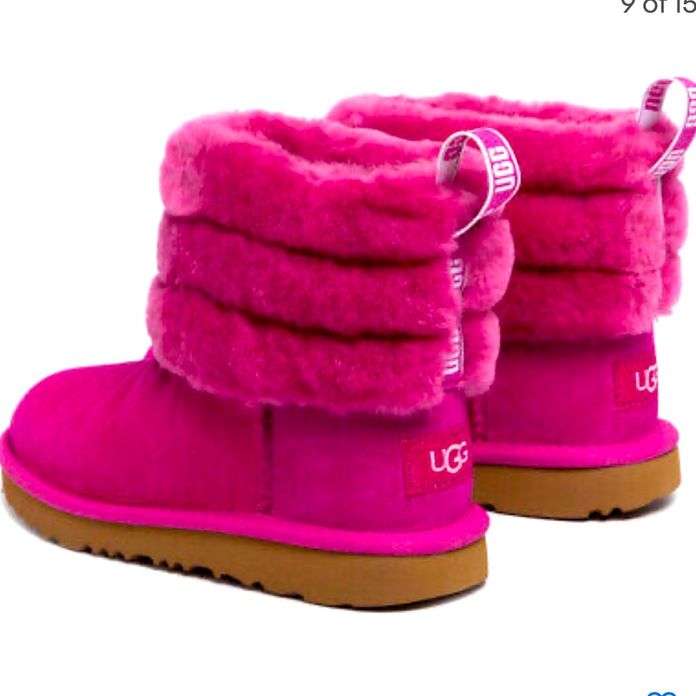 UGG Fluff Mini Quilted 1103612K Boys Fuchsia Pink Suede/Sheepskin Boots